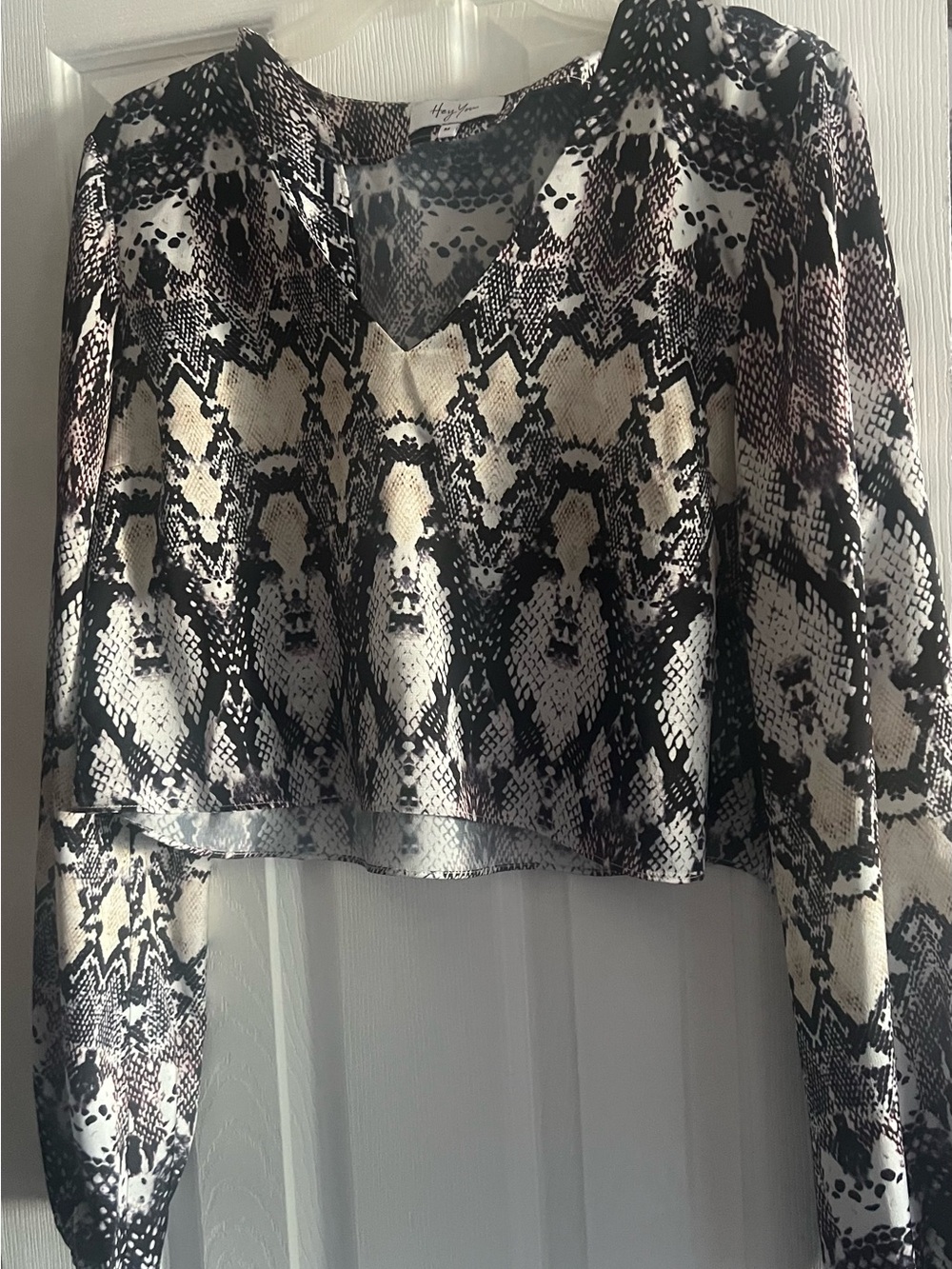 Hey You Snake-Print V-Neck Crop Top in Black & Cream